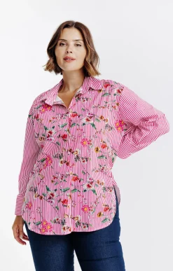 Toscane Boutique Chemisiers & Tuniques|Chemise rayée et imprimé fleuri ROSE VIF