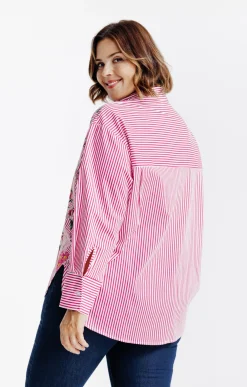 Toscane Boutique Chemisiers & Tuniques|Chemise rayée et imprimé fleuri ROSE VIF