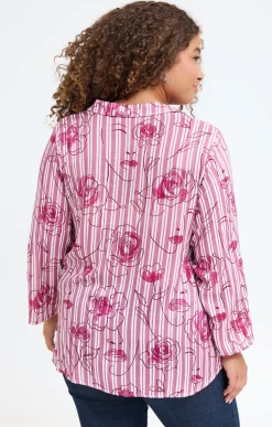 Toscane Boutique Chemisiers & Tuniques|Chemise rayée imprimée visages et fleurs ROSE POUDRE