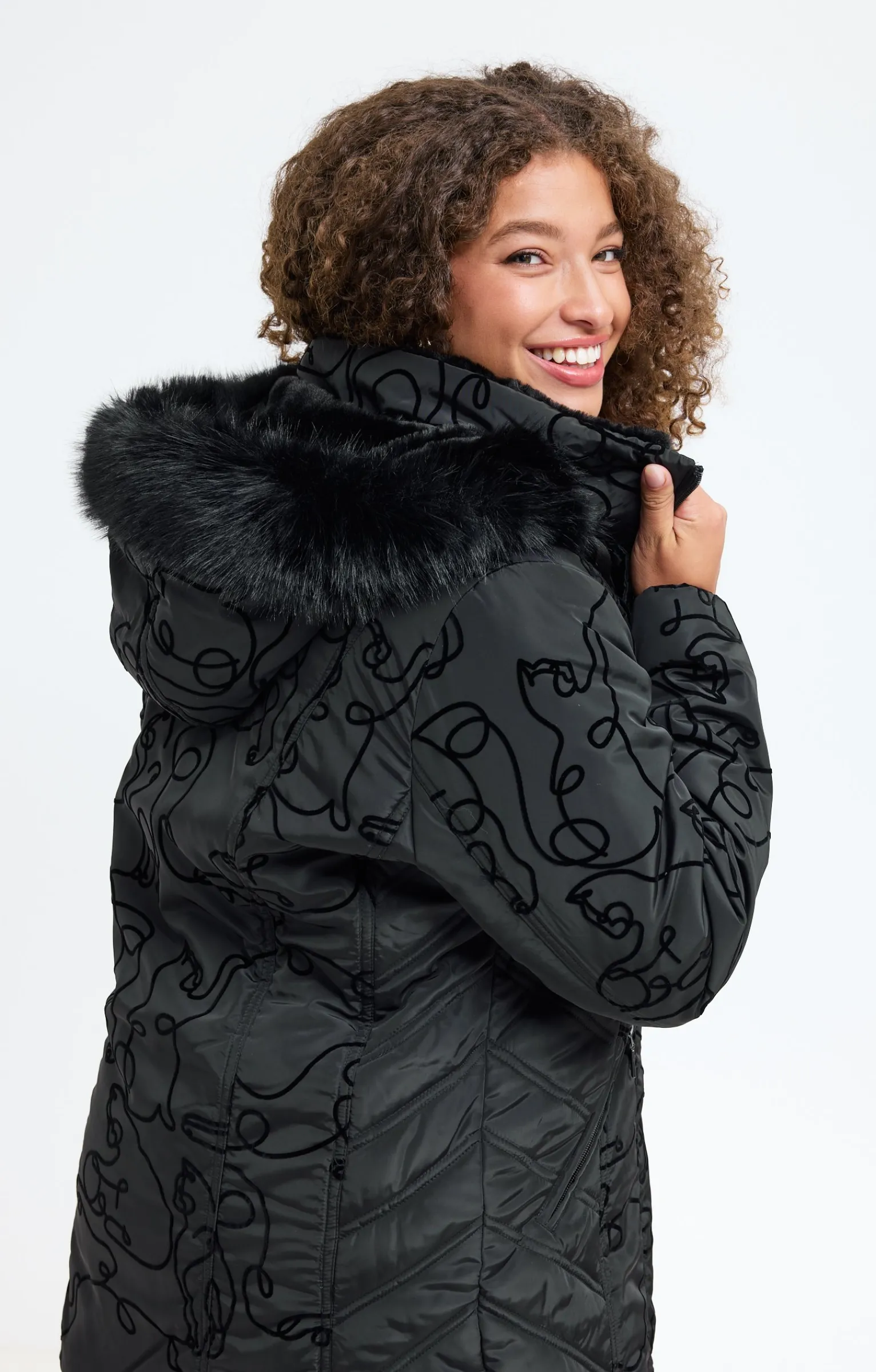 Toscane Boutique Parkas & Impers|Doudoune avec chats en effet velours NOIR