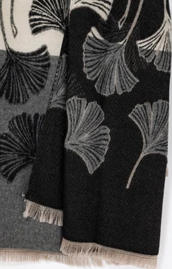 Toscane Boutique Accessoires|Echarpe chaude imprimé ginkgo rayé NOIR