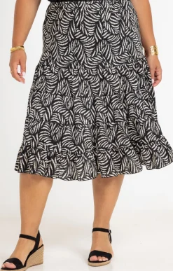 Toscane Boutique Jupes|Jupe fluide à volants imprimé fougère NOIR