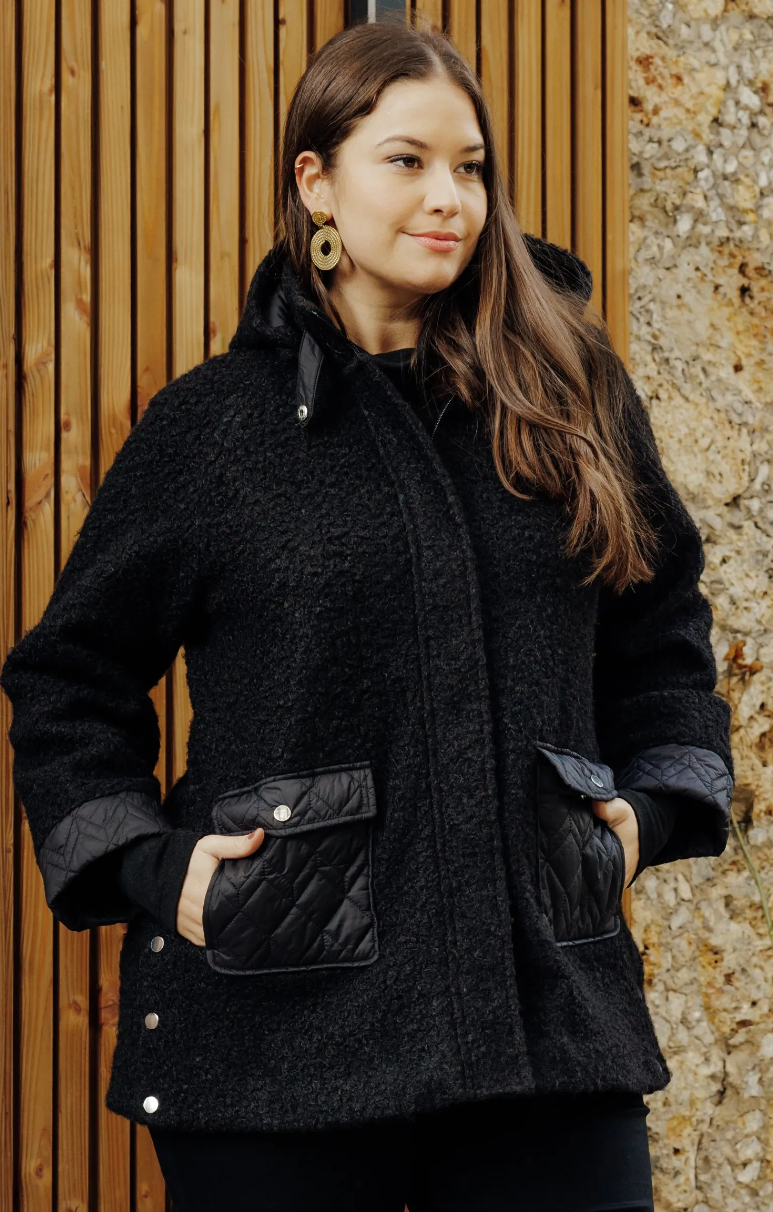 Toscane Boutique Manteaux|Manteau bi-matière avec capuche NOIR