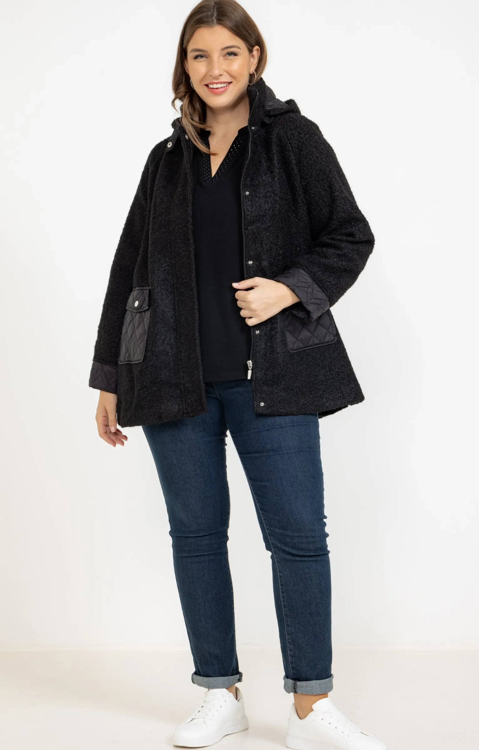 Toscane Boutique Manteaux|Manteau bi-matière avec capuche NOIR