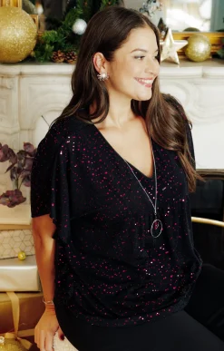 Toscane Boutique Tee-shirts|Poncho à sequins avec collier AUBERGINE