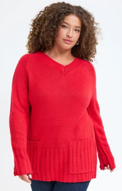 Toscane Boutique Pulls & Cardigans|Pull col V avec poches ROUGE