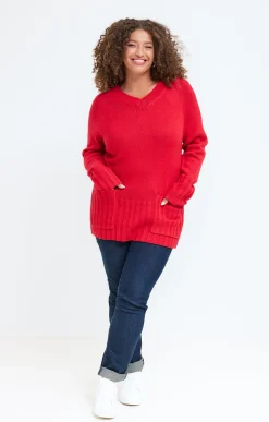 Toscane Boutique Pulls & Cardigans|Pull col V avec poches ROUGE