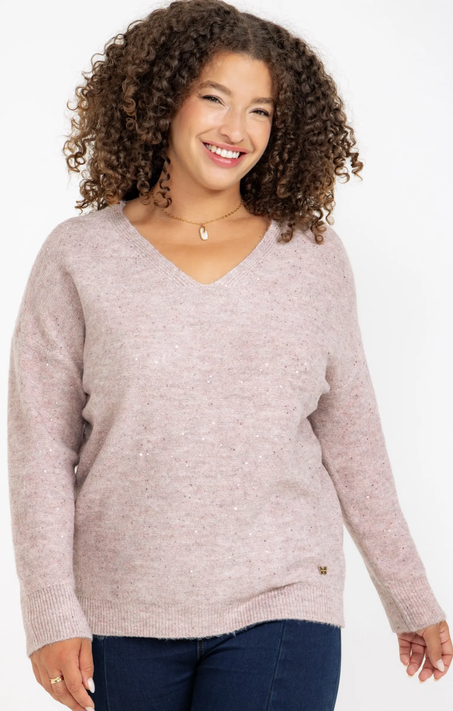 Toscane Boutique Pulls & Cardigans|Pull col V avec strass ROSE POUDRE