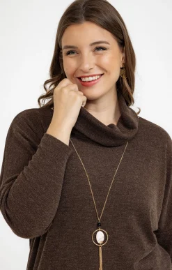 Toscane Boutique Pulls & Cardigans|Pull uni col roulé et collier CHOCOLAT