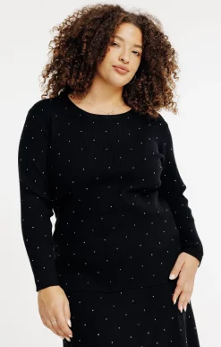 Toscane Boutique Pulls & Cardigans|Pull uni côtelé avec strass NOIR