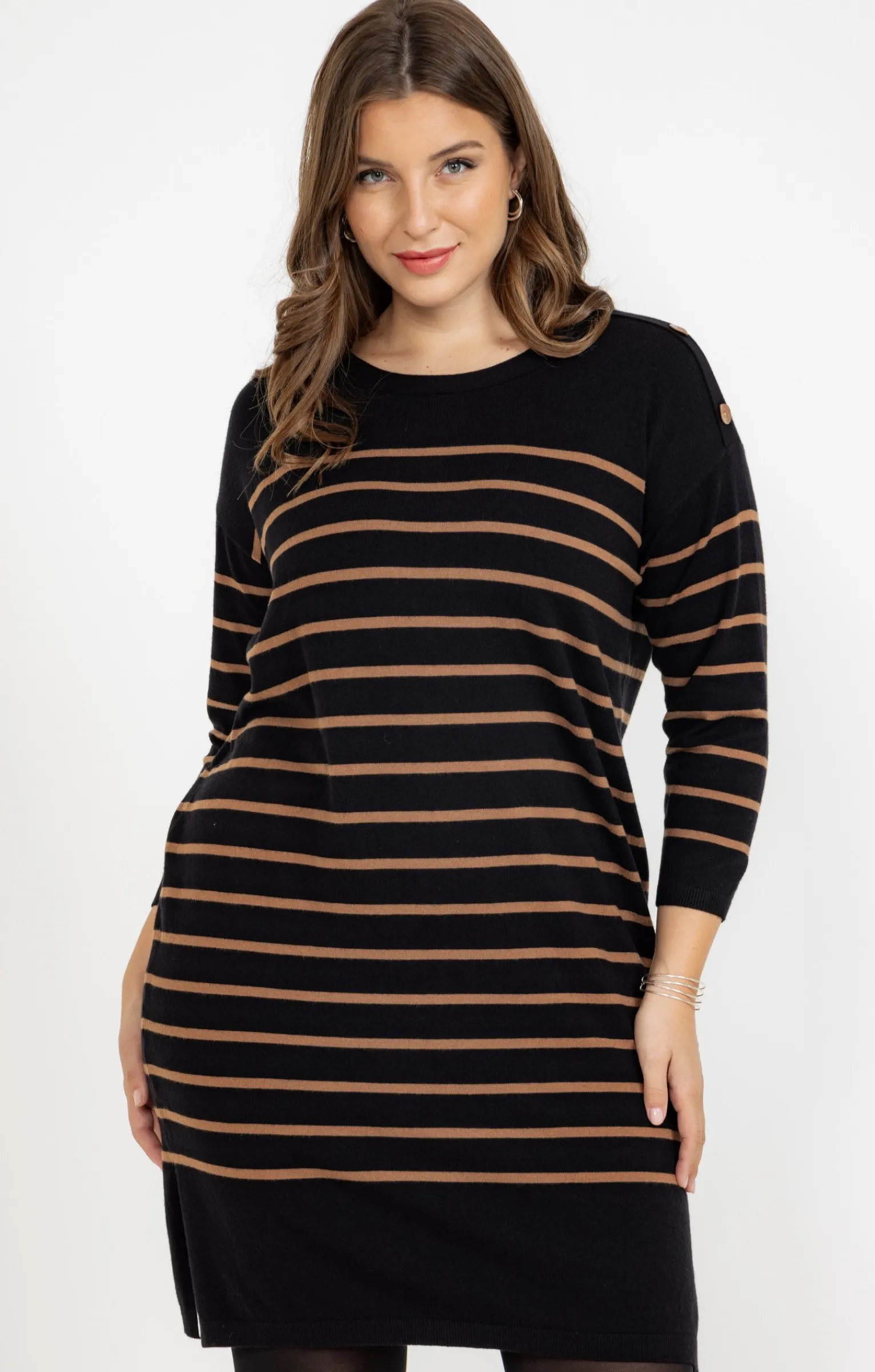 Toscane Boutique Robes|Robe pull maille rayée chic NOIR