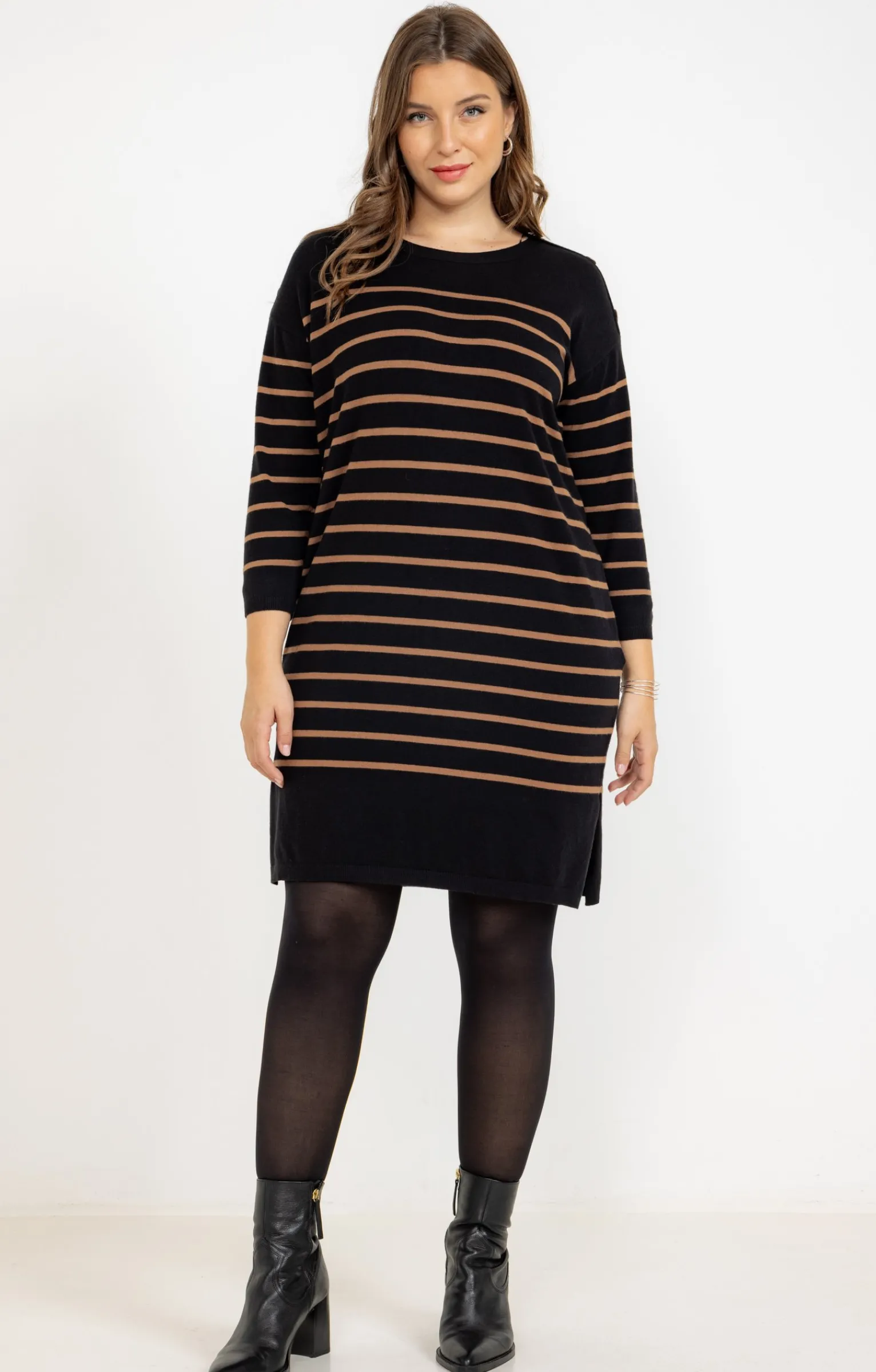 Toscane Boutique Robes|Robe pull maille rayée chic NOIR