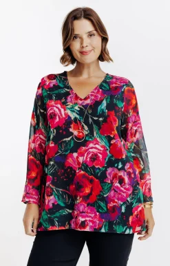 Toscane Boutique Tee-shirts|Tee-shirt bi-matière imprimé fleurs ROUGE CLAIR