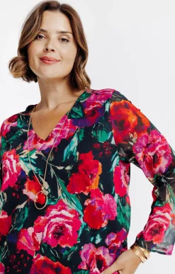 Toscane Boutique Tee-shirts|Tee-shirt bi-matière imprimé fleurs ROUGE CLAIR