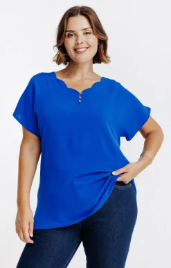 Toscane Boutique Tee-shirts|Tee-shirt bi-matière uni BLEU DUR