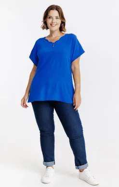 Toscane Boutique Tee-shirts|Tee-shirt bi-matière uni BLEU DUR