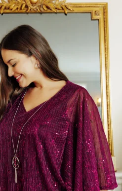 Toscane Boutique Tee-shirts|Tee-shirt forme poncho brillant AUBERGINE