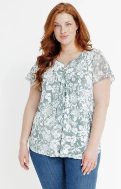 Toscane Boutique Tee-shirts|Tee-shirt impimé bicolore à fleurs CELADON