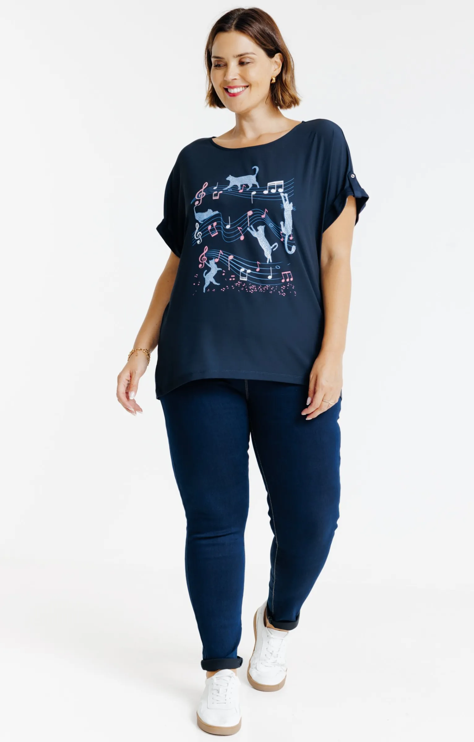 Toscane Boutique Tee-shirts|Tee-shirt imprimé chats bi-matière MARINE