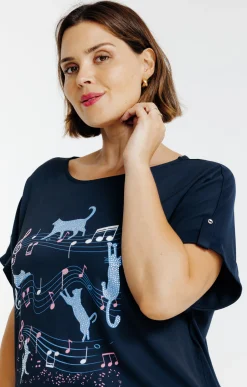 Toscane Boutique Tee-shirts|Tee-shirt imprimé chats bi-matière MARINE