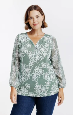 Toscane Boutique Tee-shirts|Tee-shirt imprimé fleuri à zip KAKI CLAIR