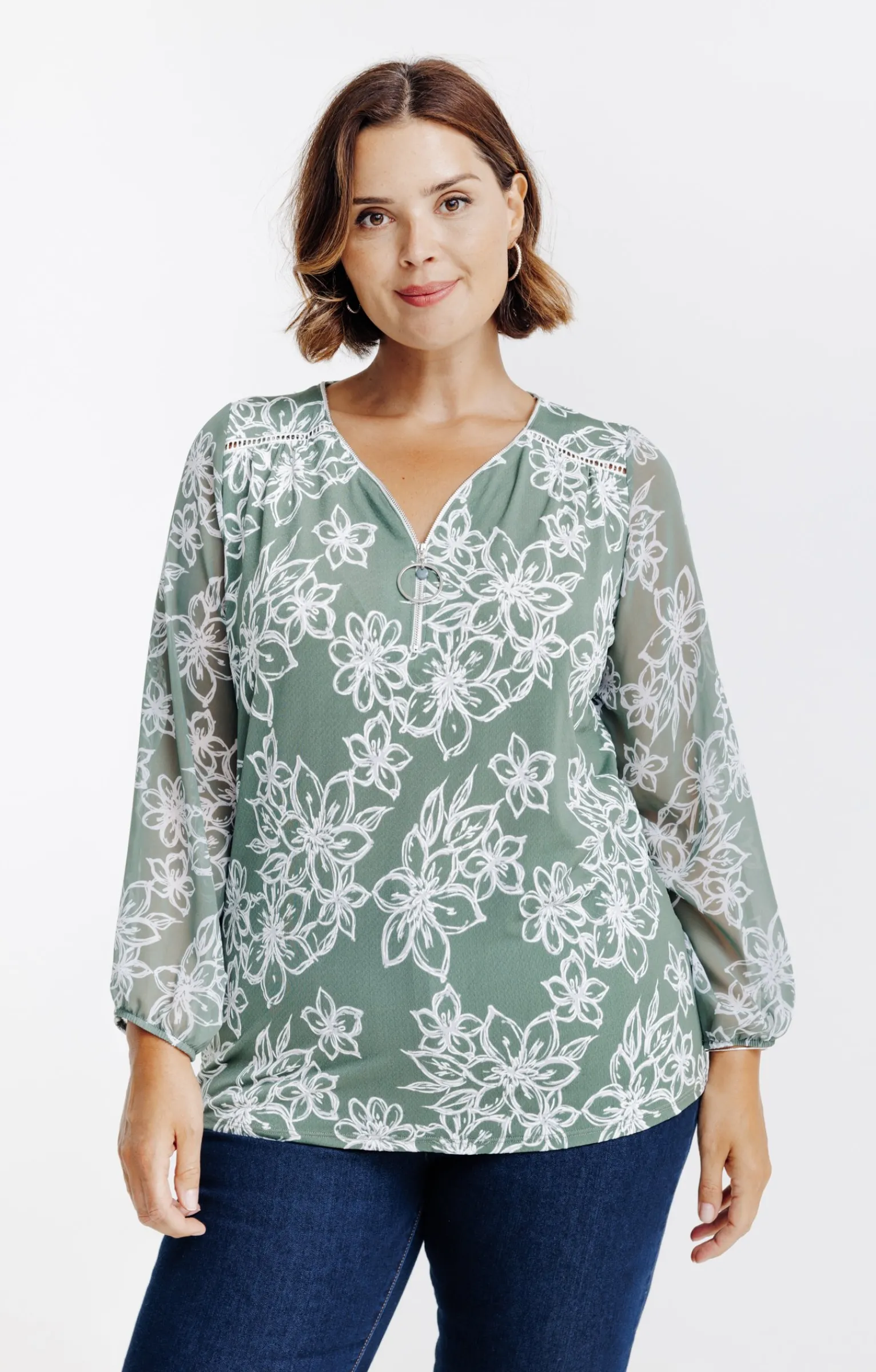 Toscane Boutique Tee-shirts|Tee-shirt imprimé fleuri à zip KAKI CLAIR