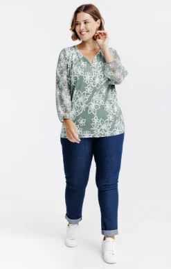 Toscane Boutique Tee-shirts|Tee-shirt imprimé fleuri à zip KAKI CLAIR