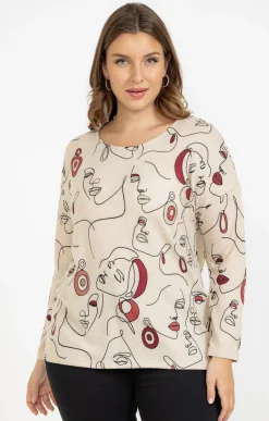 Toscane Boutique Tee-shirts|Tee-shirt maille chaude imprimé visages BEIGE