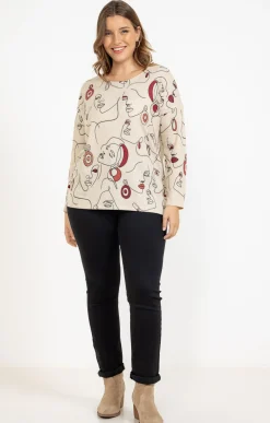 Toscane Boutique Tee-shirts|Tee-shirt maille chaude imprimé visages BEIGE