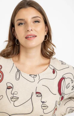 Toscane Boutique Tee-shirts|Tee-shirt maille chaude imprimé visages BEIGE