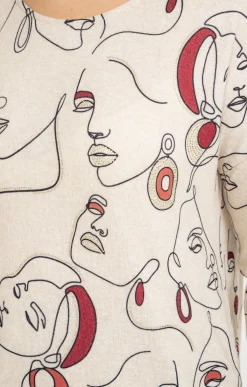 Toscane Boutique Tee-shirts|Tee-shirt maille chaude imprimé visages BEIGE