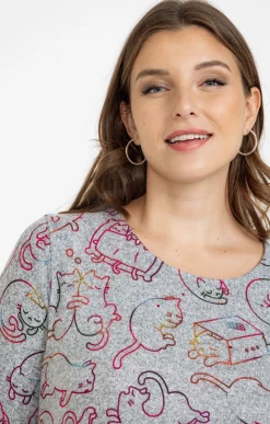 Toscane Boutique Tee-shirts|Tee-shirt maille chaude imprimé chats GRIS