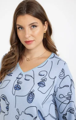 Toscane Boutique Tee-shirts|Tee-shirt maille chaude imprimé visages BLEU ORAGE