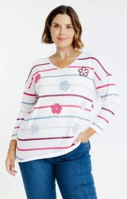 Toscane Boutique Tee-shirts|Tee-shirt maille chaude rayé et fleurs ROSE VIF