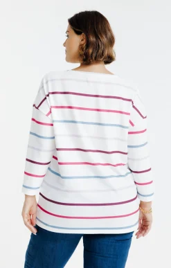 Toscane Boutique Tee-shirts|Tee-shirt maille chaude rayé et fleurs ROSE VIF