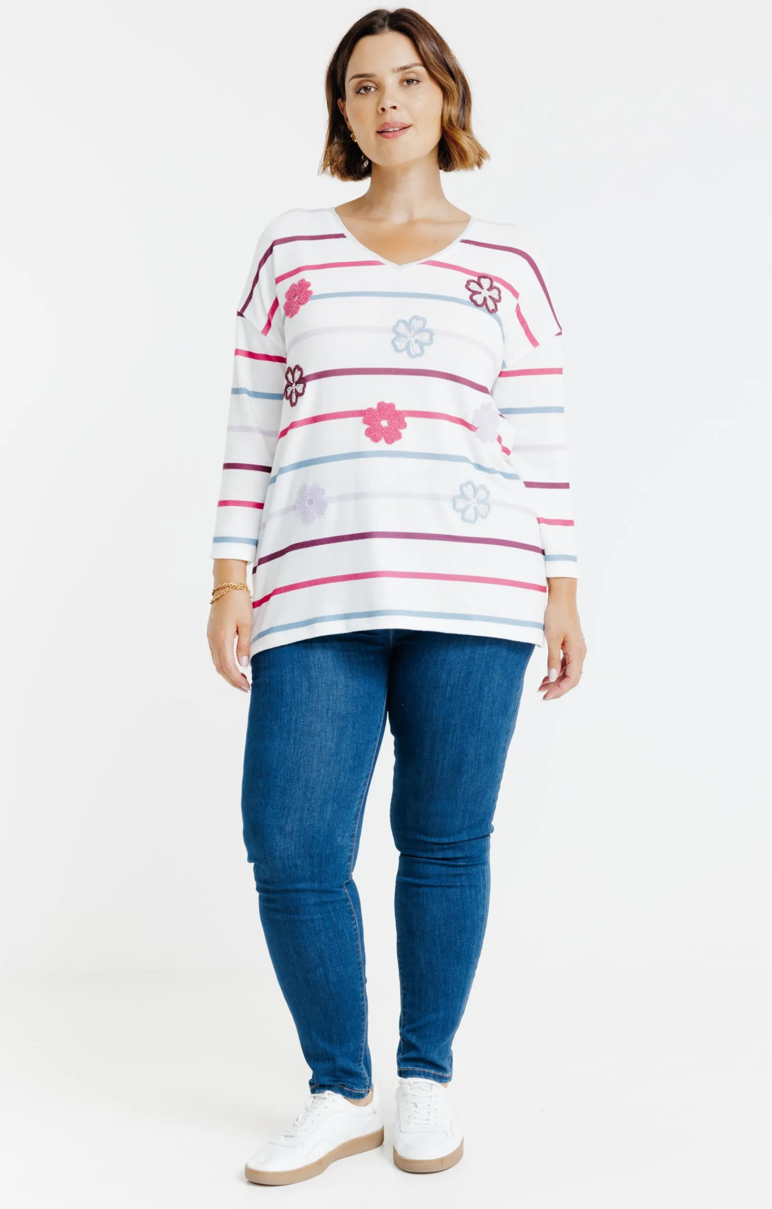 Toscane Boutique Tee-shirts|Tee-shirt maille chaude rayé et fleurs ROSE VIF