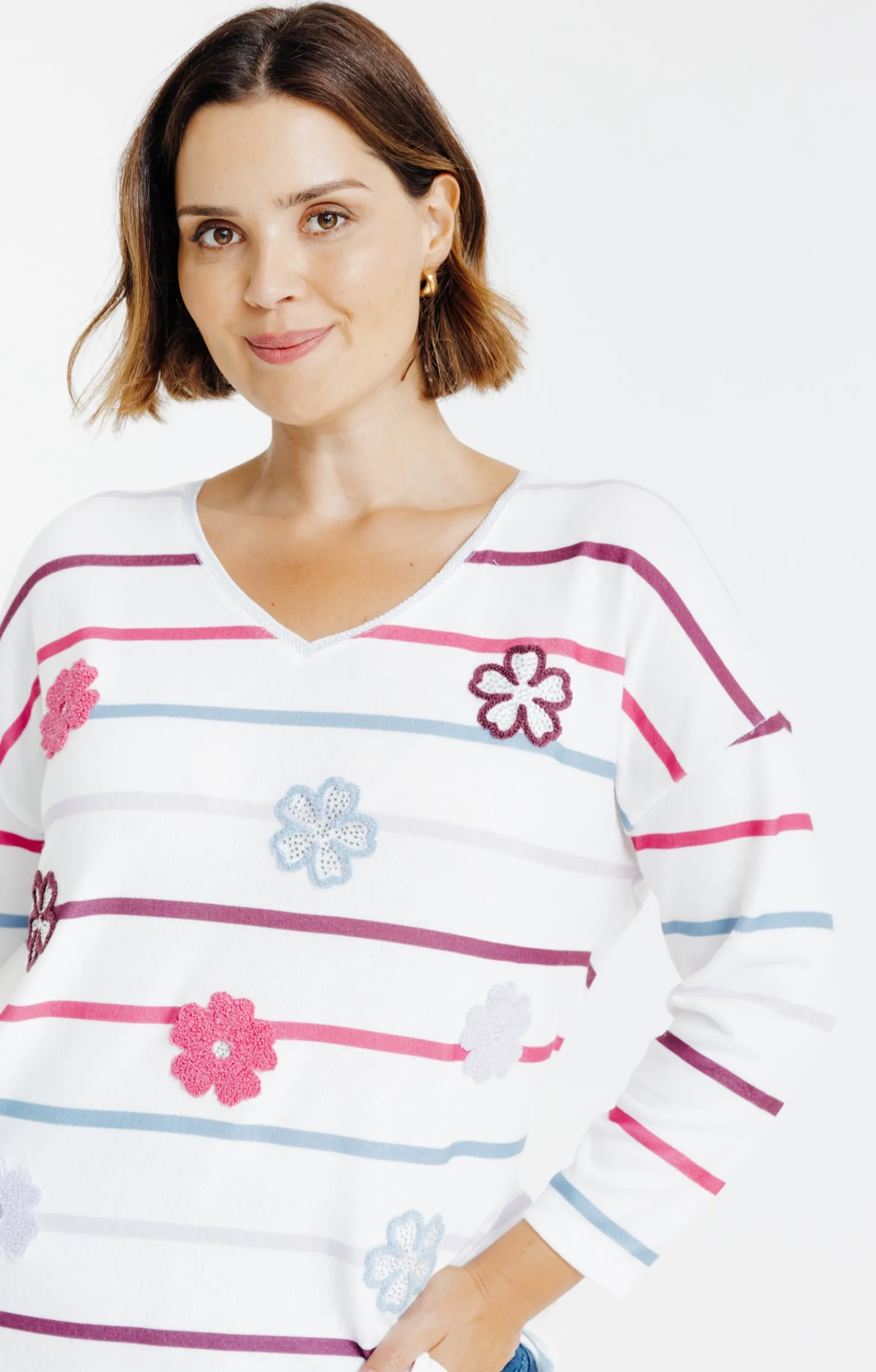 Toscane Boutique Tee-shirts|Tee-shirt maille chaude rayé et fleurs ROSE VIF