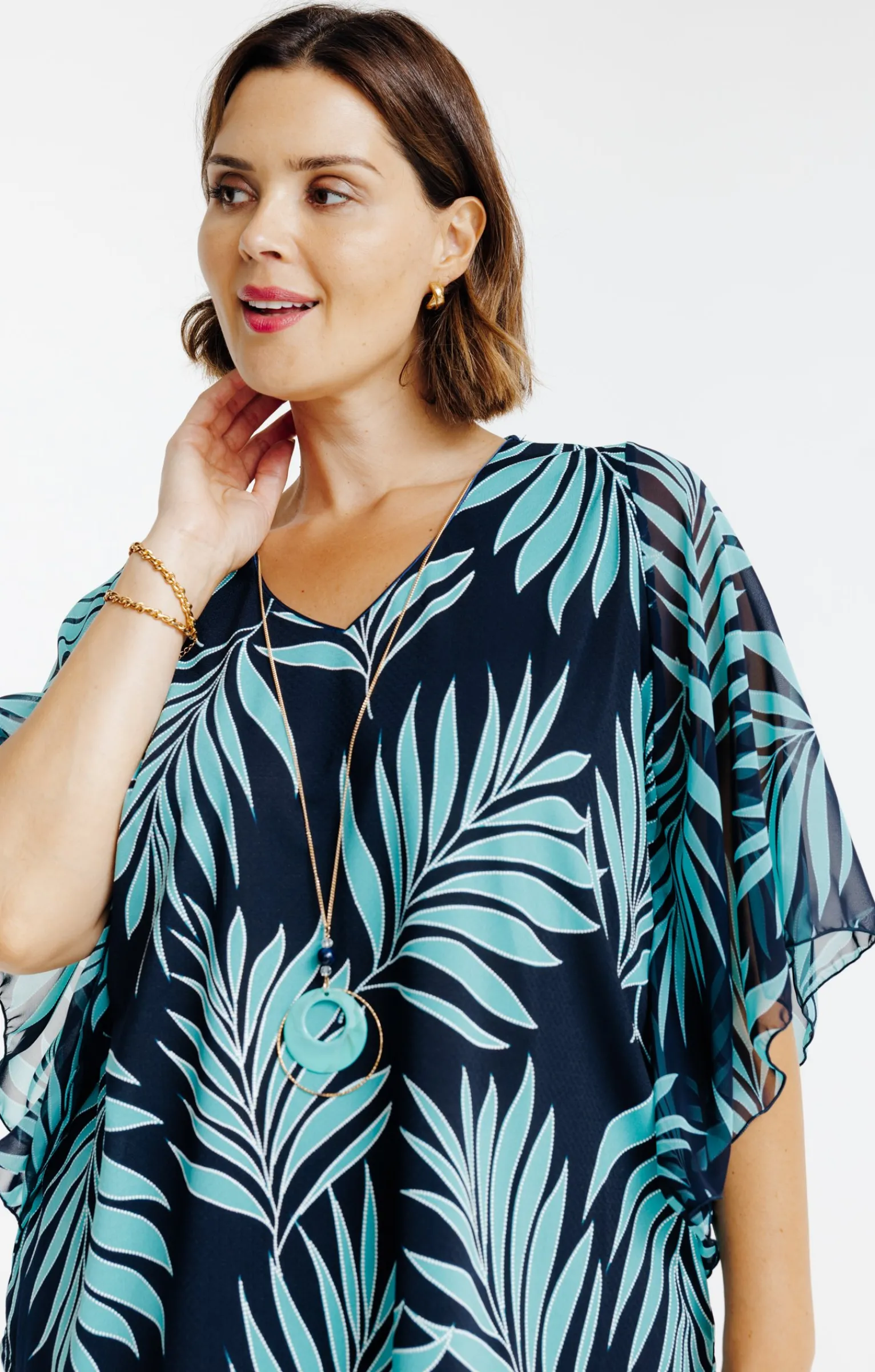 Toscane Boutique Tee-shirts|Tee-shirt poncho imprimé avec collier TURQUOISE