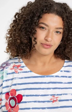 Toscane Boutique Tee-shirts|Tee-shirt rayé imprimé fleurs BLEU ORAGE