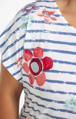 Toscane Boutique Tee-shirts|Tee-shirt rayé imprimé fleurs BLEU ORAGE