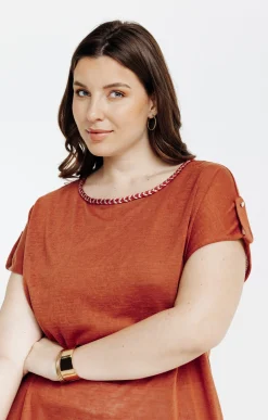 Toscane Boutique Tee-shirts|Tee-shirt uni avec tresse à l'encolure CORAIL