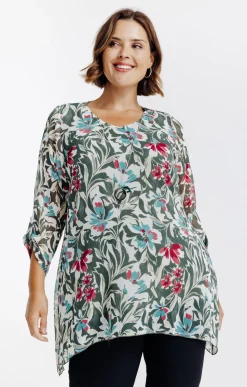Toscane Boutique Chemisiers & Tuniques|Tunique imprimée avec collier SMOKE GREEN